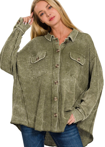 Olive Oversized Distressed Shirt - Farm Town Floral & Boutique
