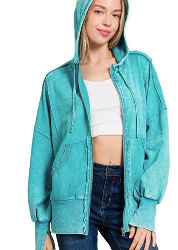 Turquoise Terry Zip Hoodie - Farm Town Floral & Boutique
