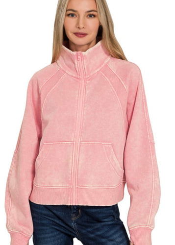 Acid Wash Pink Zip Sweatshirt - Farm Town Floral & Boutique