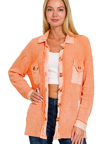 Orange Distressed Waffle Shacket - Farm Town Floral & Boutique