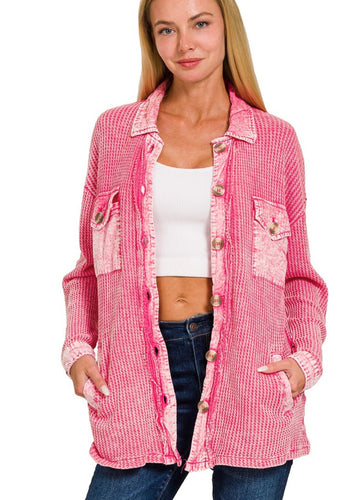 Distressed Pink Waffle Shacket - Farm Town Floral & Boutique