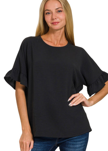 Black Ruffle Sleeve Top - Farm Town Floral & Boutique