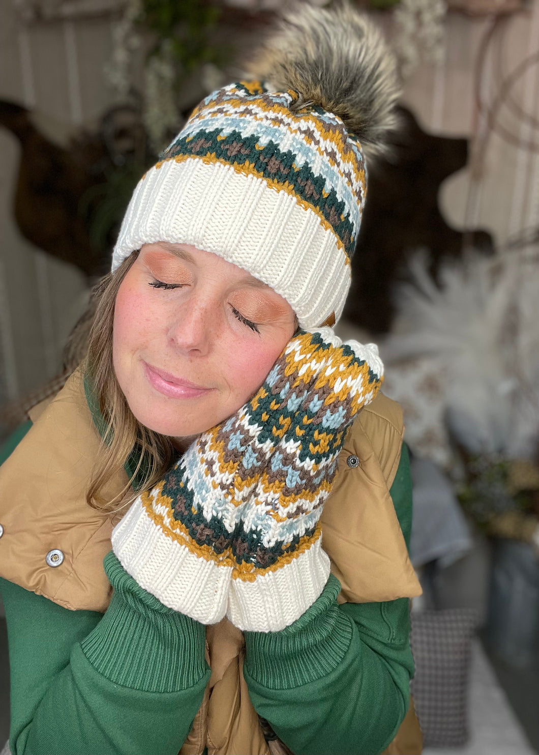 Cream and Green Beanie Set