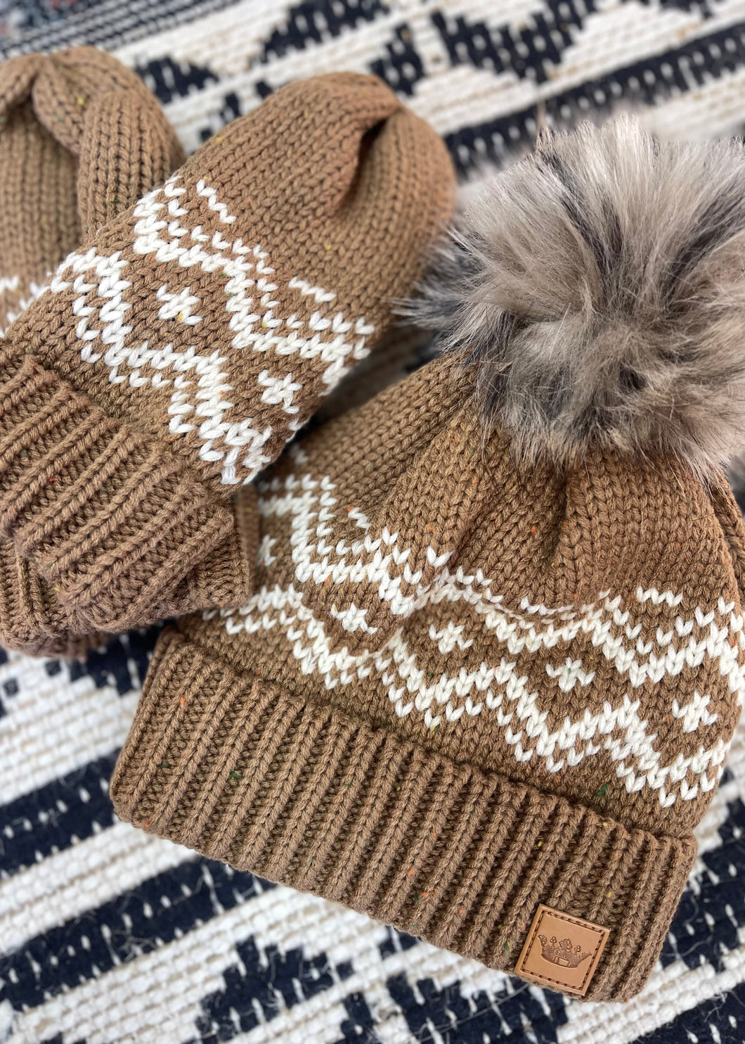 Camel Brown and Cream Beanie Set