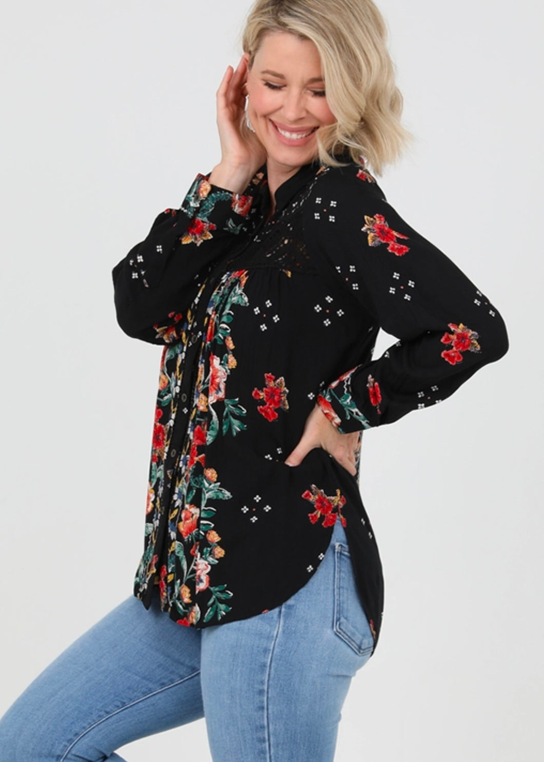 Black Floral Lace Inset Button Down Shirt