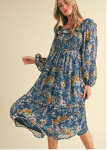 Blue Fall Floral Midi Dress