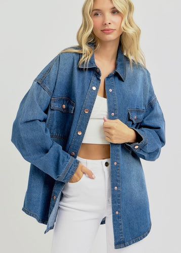 Denim Classic Snap Shacket - Farm Town Floral & Boutique