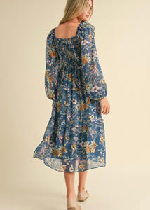 Blue Fall Floral Midi Dress