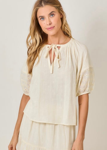 Puff Eyelet Tie Top - Farm Town Floral & Boutique