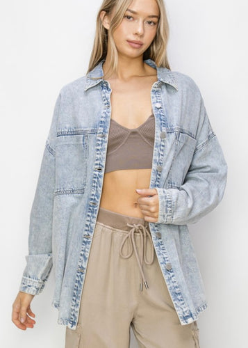 Denim Light Wash Shacket - Farm Town Floral & Boutique