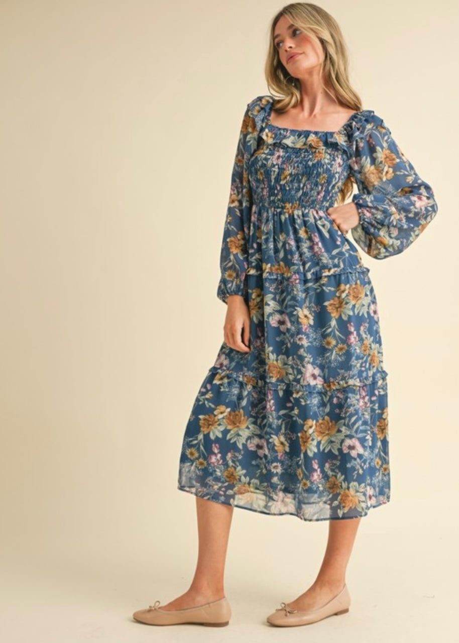 Blue Fall Floral Midi Dress