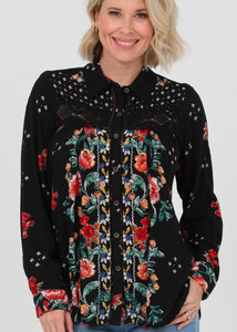 Black Floral Lace Inset Button Down Shirt