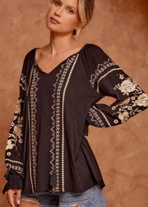 Black Ivory Embroidered Top - Farm Town Floral & Boutique