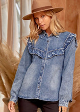 Load image into Gallery viewer, Denim Ruffle Blouse - Farm Town Floral &amp; Boutique
